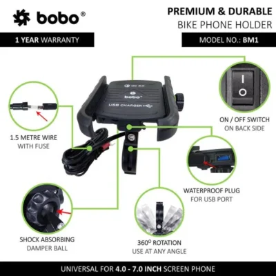BOBO BM1 Jaw-Grip Bike Phone Holder (with fast USB 3.0 charger) Motorcycle Mobile Mount - Image 2